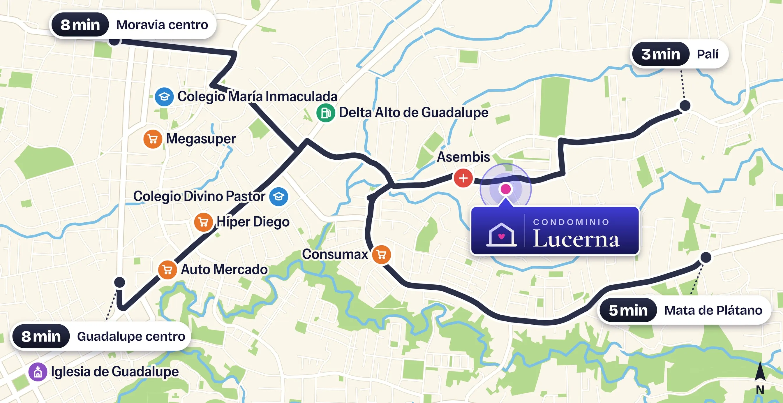 Condominio Lucerna location map in Purral de Goicoechea: 3 min to Palí, 5 min to Mata de Plátano, 8 min to downtown Guadalupe and 8 min to downtown Moravia